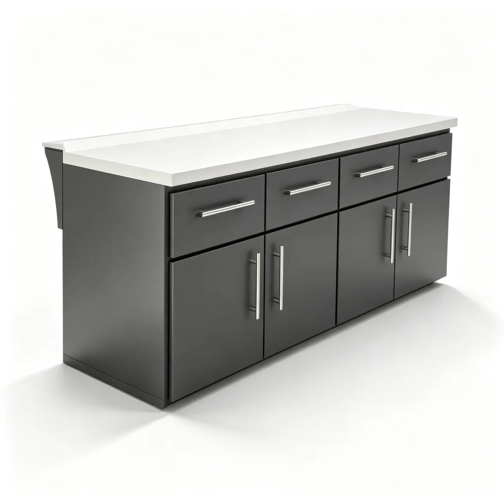 L-Shaped Matte Black Outdoor Kitchen with Raised Bar, Grill and Fridge — view 4