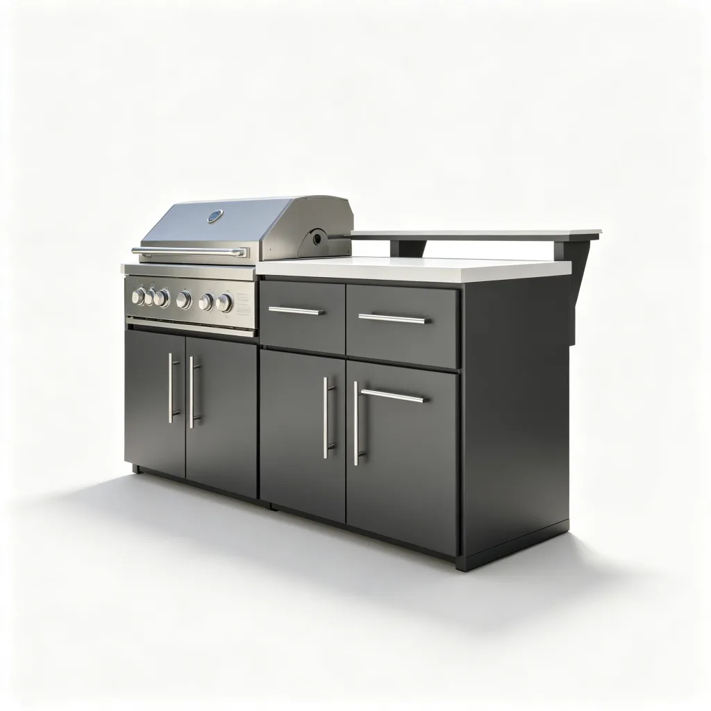 L-Shaped Matte Black Outdoor Kitchen with Raised Bar, Grill and Fridge — view 3