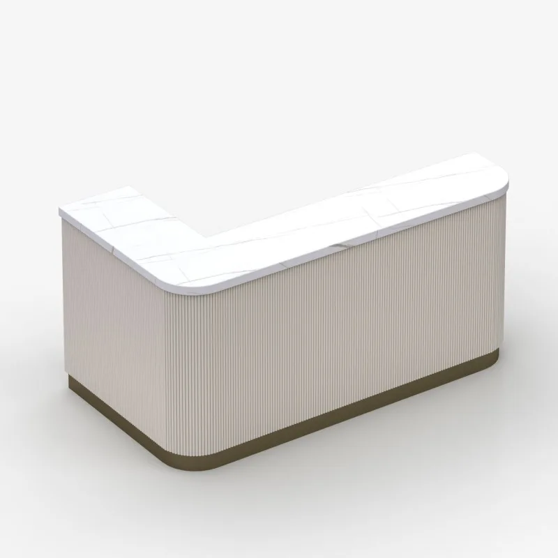 L-Shaped Reception Desk with Marble Top & Fluted Cabinet, Commercial Front Counter for Hotel Office Retail — view 4