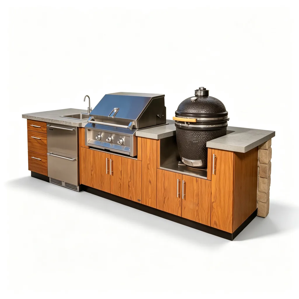 L-Shaped Teak Wood-Grain Outdoor Kitchen with Kamado Grill and Sink — view 3