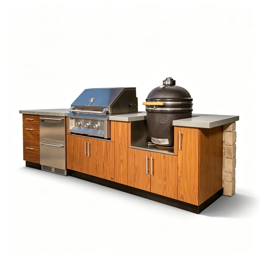L-Shaped Teak Wood-Grain Outdoor Kitchen with Kamado Grill and Sink — view 4