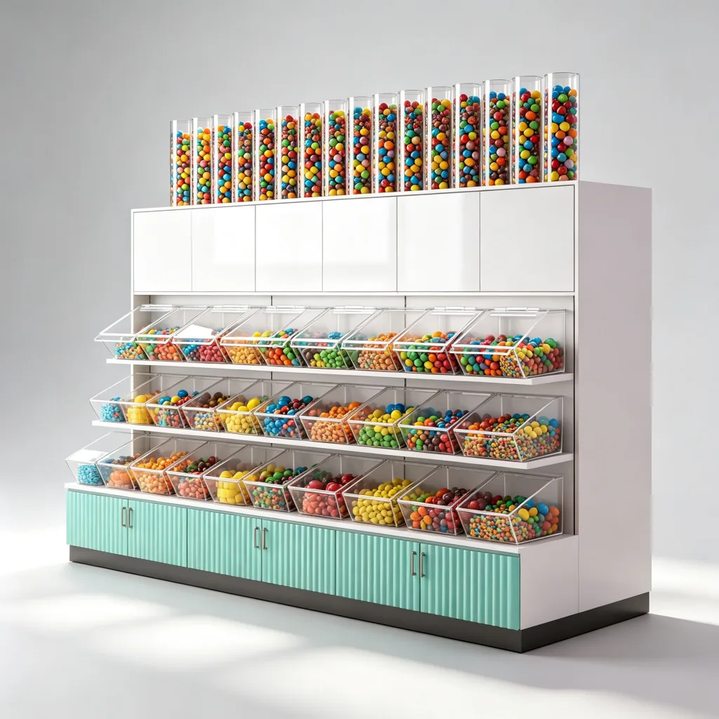 Large Custom Candy Display Cabinet White Glossy with Mint Green Fluted Base — view 2