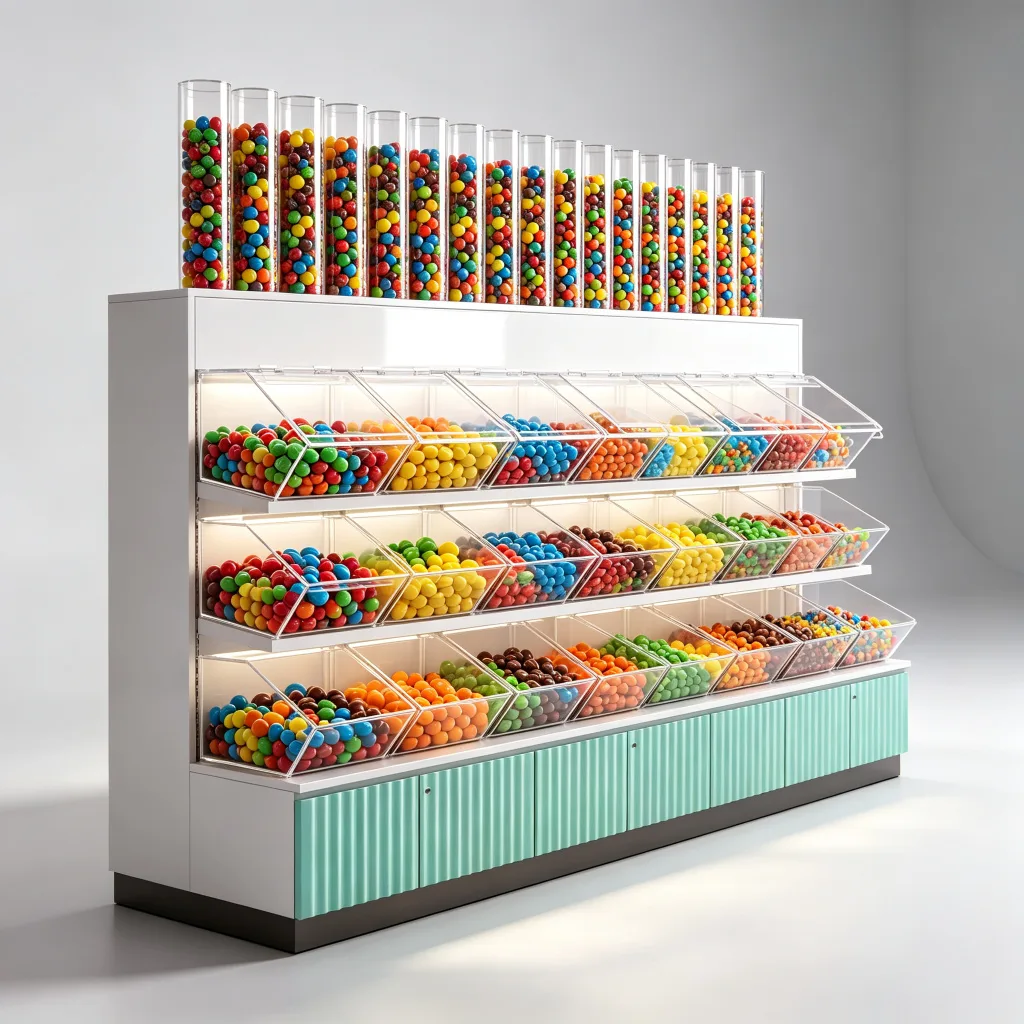 Large Custom Candy Display Cabinet White Glossy with Mint Green Fluted Base