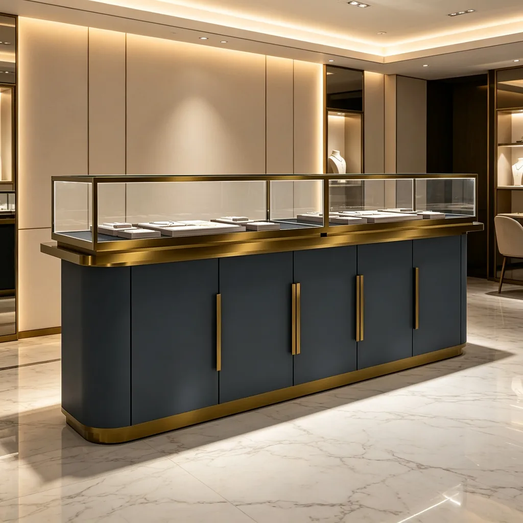 Large Dark Navy Jewelry Display Counter with Gold Brass Frame Cabinet Doors — view 3