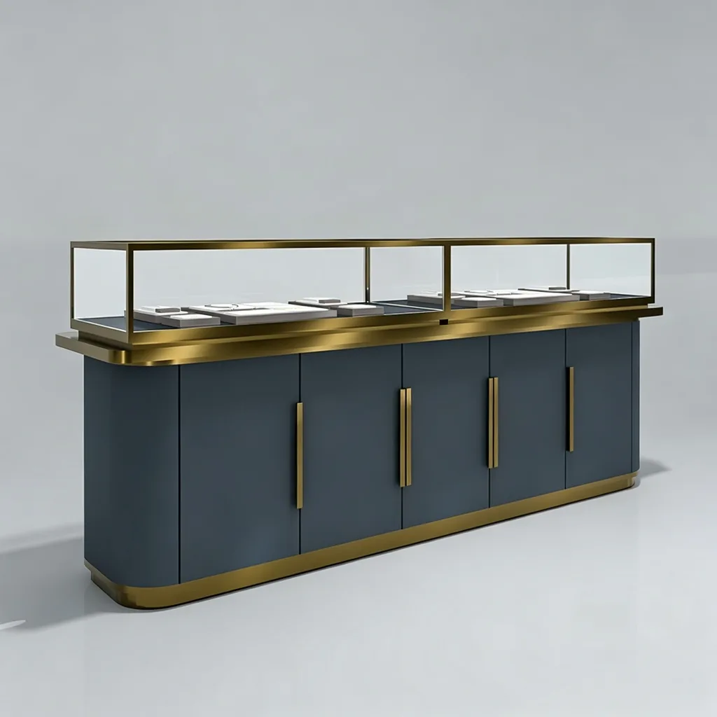 Large Dark Navy Jewelry Display Counter with Gold Brass Frame Cabinet Doors