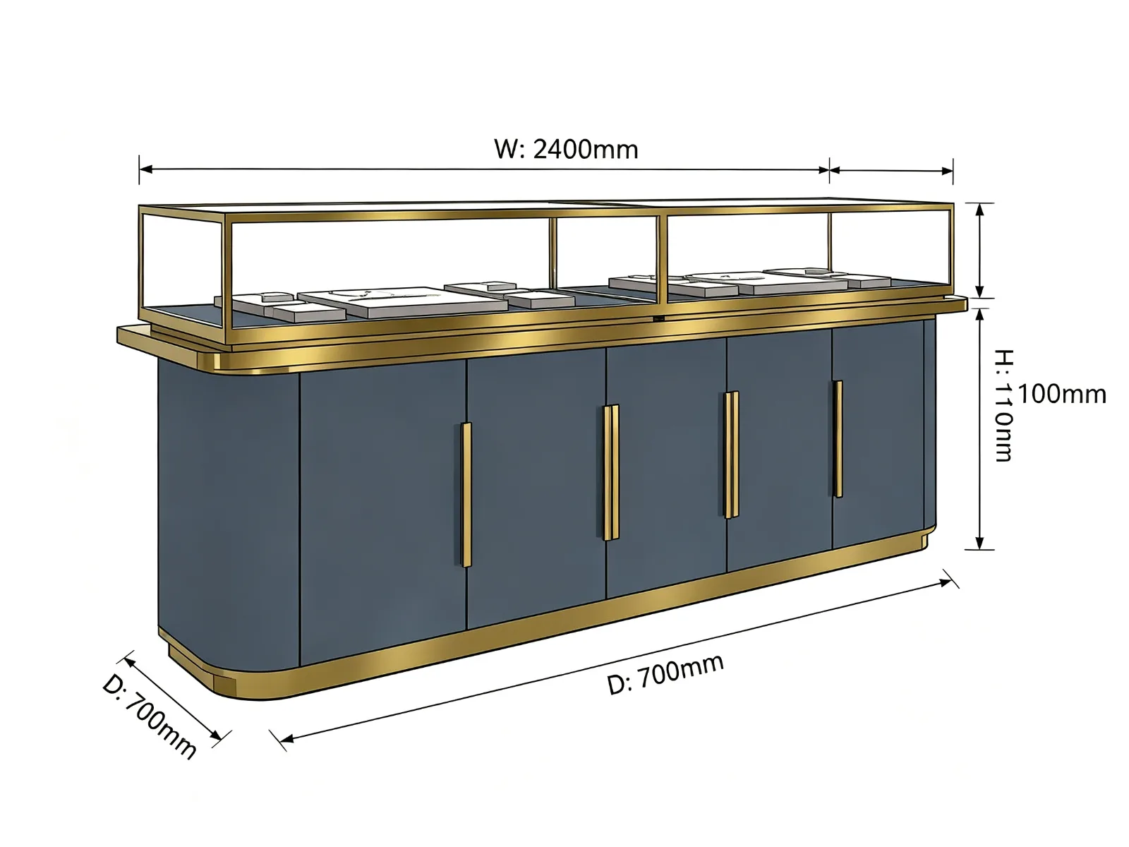 Large Dark Navy Jewelry Display Counter with Gold Brass Frame Cabinet Doors — product detail 1