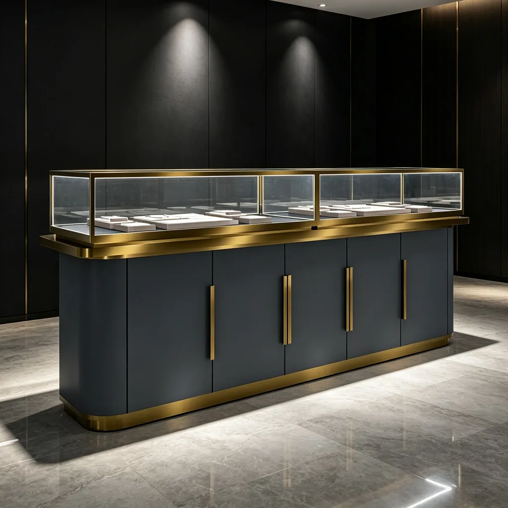 Large Dark Navy Jewelry Display Counter with Gold Brass Frame Cabinet Doors — view 4