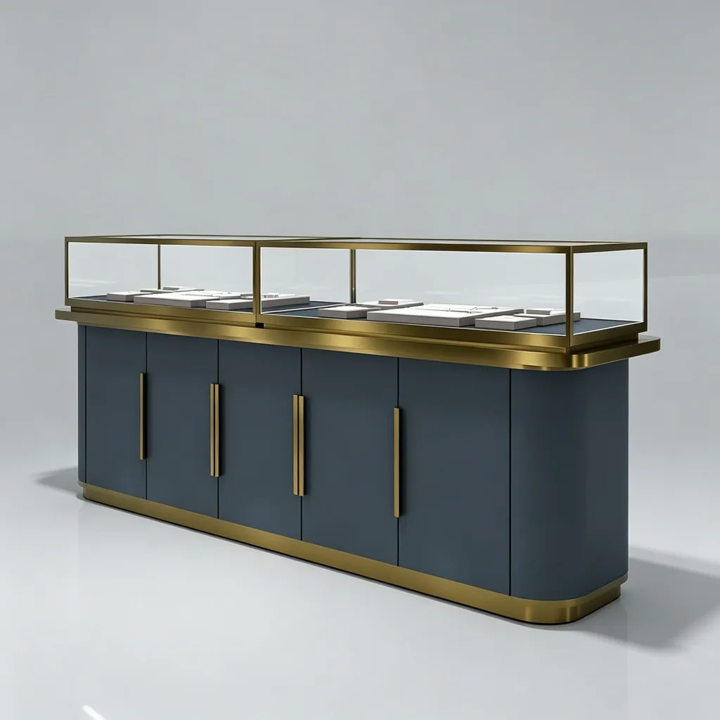 Large Dark Navy Jewelry Display Counter with Gold Brass Frame Cabinet Doors — view 2