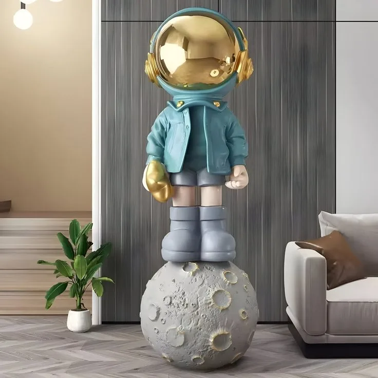 Large Fiberglass Double Astronaut Floor Sculpture with Dual Trays & Moon Lamp — Indoor Commercial Art Decor — view 4