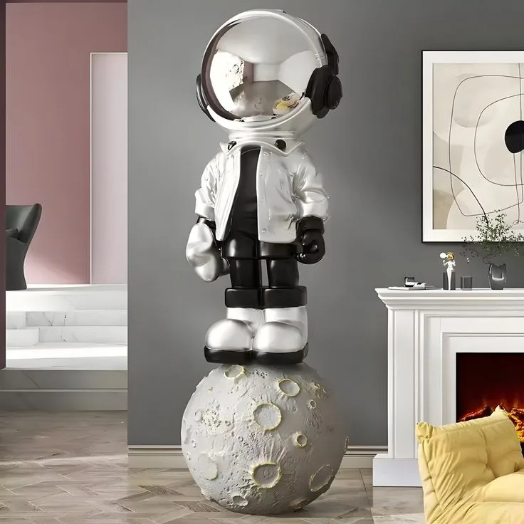 Large Fiberglass Double Astronaut Floor Sculpture with Dual Trays & Moon Lamp — Indoor Commercial Art Decor — view 5