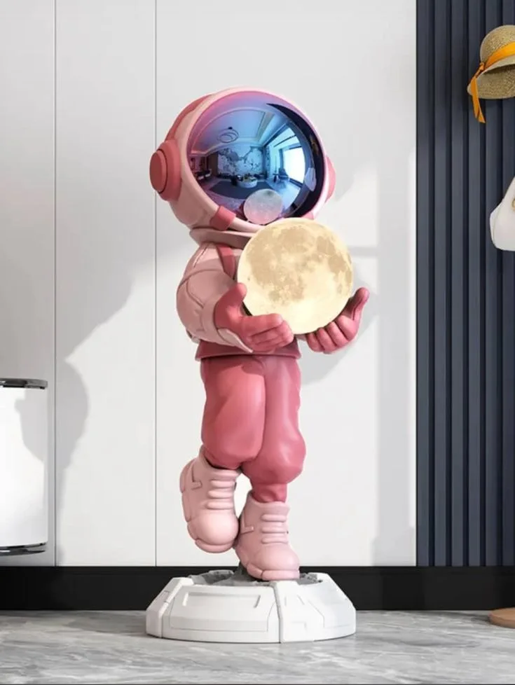 Large Fiberglass Double Astronaut Floor Sculpture with Dual Trays & Moon Lamp — Indoor Commercial Art Decor — view 3