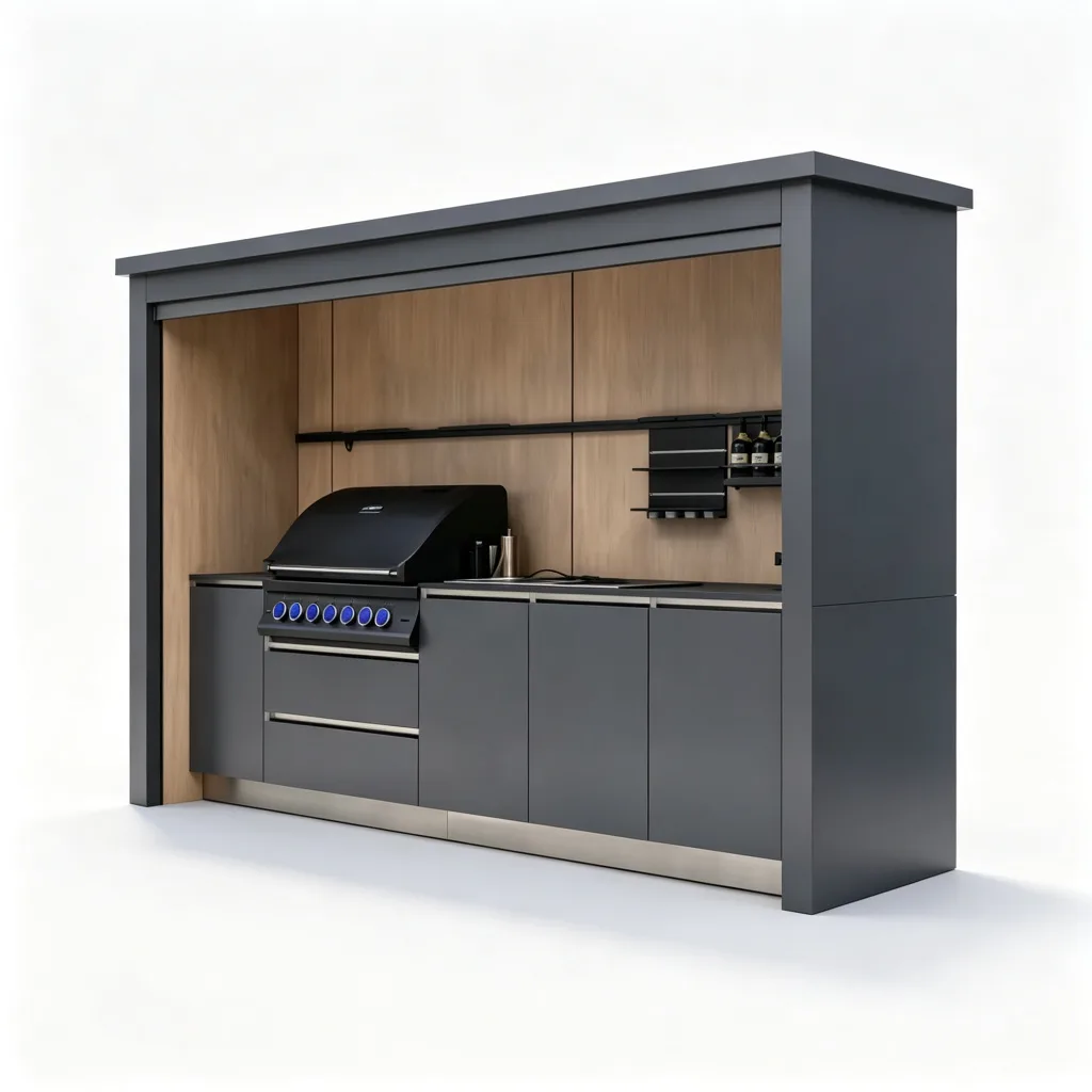 Large Open-Front Wood Interior BBQ Pod with 6-Burner Grill — view 4
