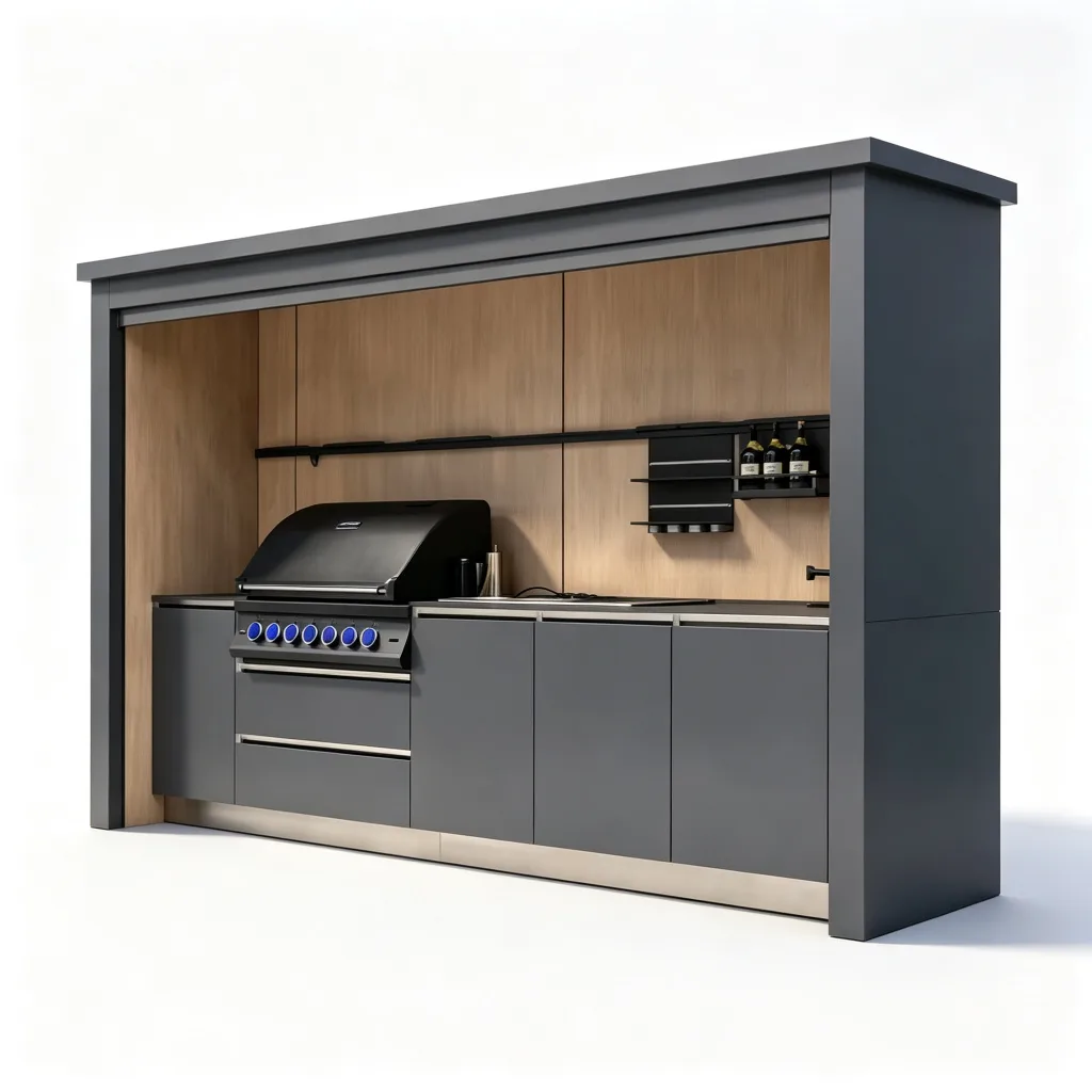 Large Open-Front Wood Interior BBQ Pod with 6-Burner Grill — view 3