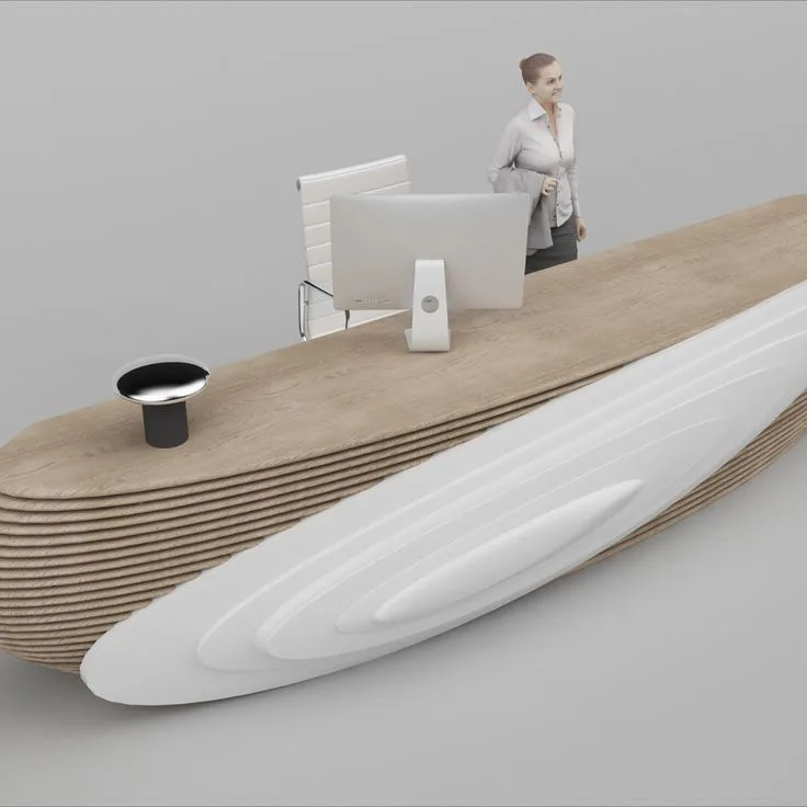 Layered Wood Grain FRP Reception Desk with Embossed White Front Panel for CEO Office — view 3