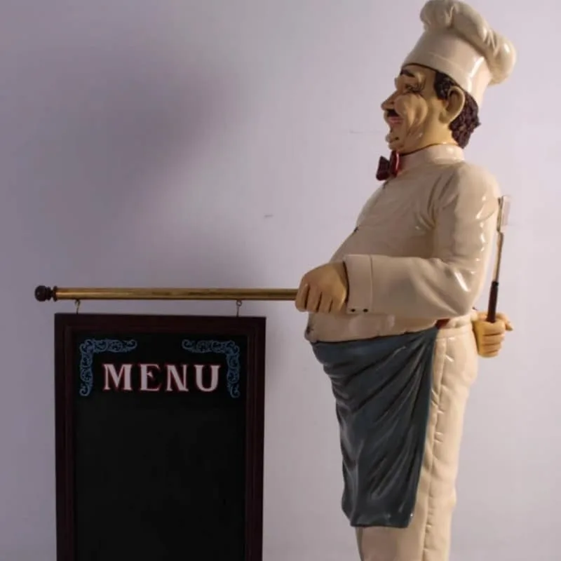 Life Size Smiling Chef Statue With Hanging Menu Chalkboard Decor — view 5