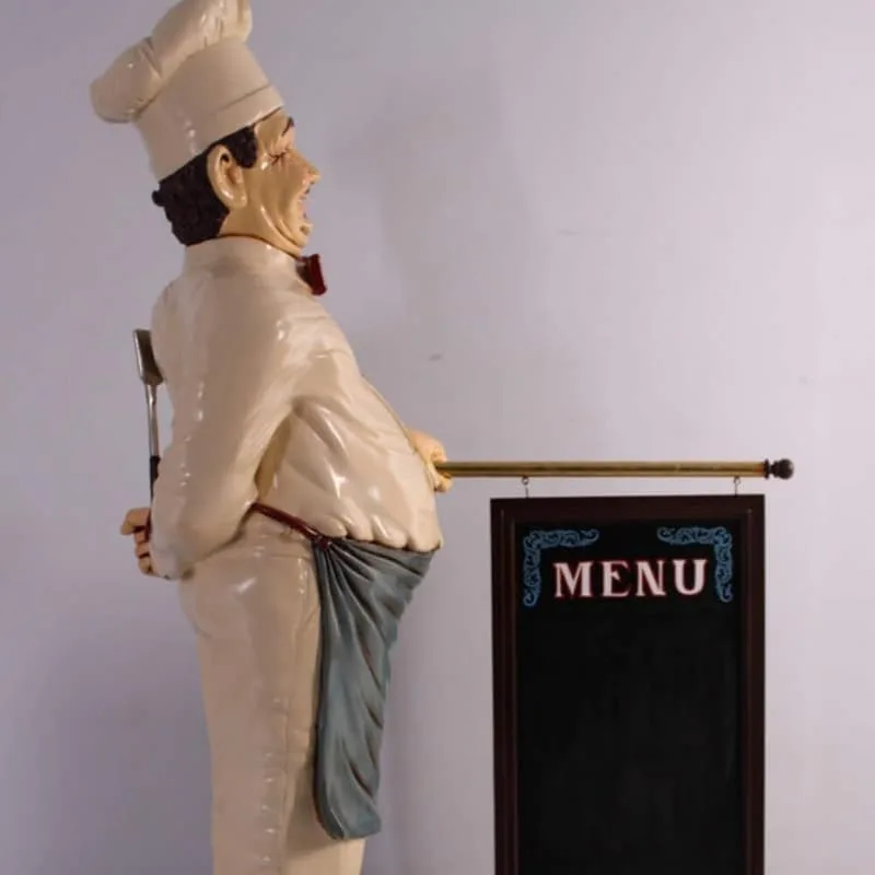Life Size Smiling Chef Statue With Hanging Menu Chalkboard Decor — view 4