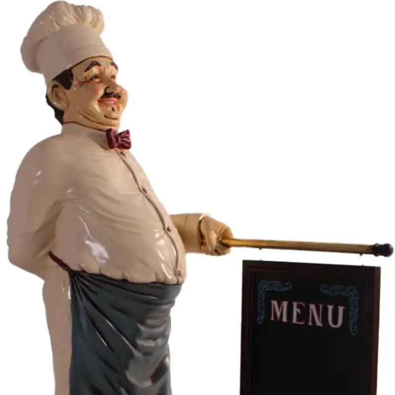 Life Size Smiling Chef Statue With Hanging Menu Chalkboard Decor — view 6
