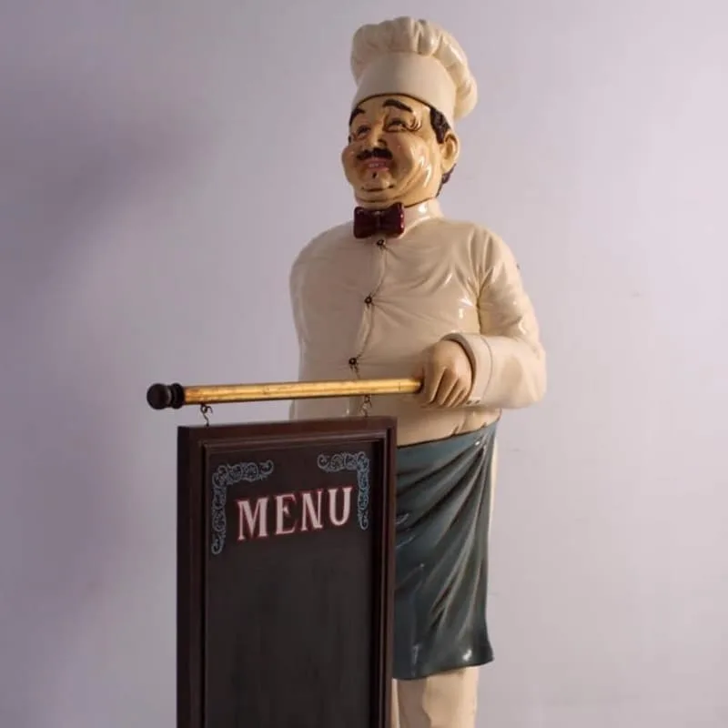 Life Size Smiling Chef Statue With Hanging Menu Chalkboard Decor — view 3