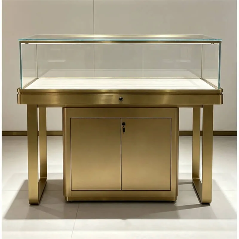 Light Luxury Brushed Stainless Steel Jewelry Display Showcase – Custom Splicable LED Tempered Glass Jewelry Showcase With Lock Storage