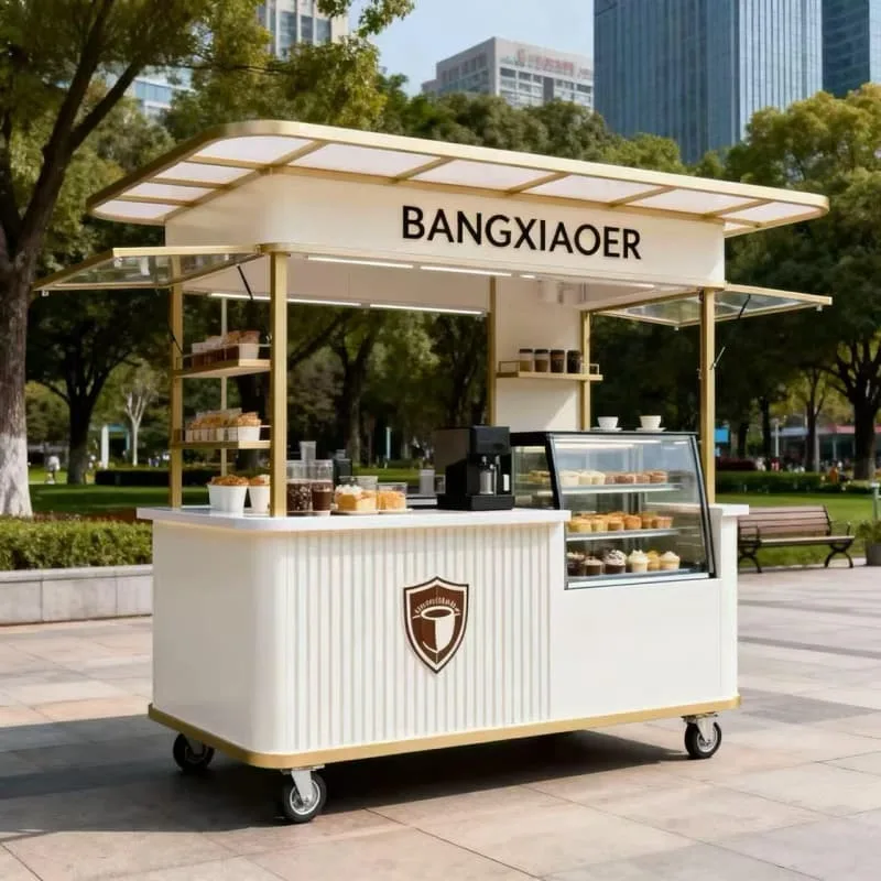 Light Luxury Mobile Bakery Cart with Golden Frame & Pastry Display Cabinet — view 4