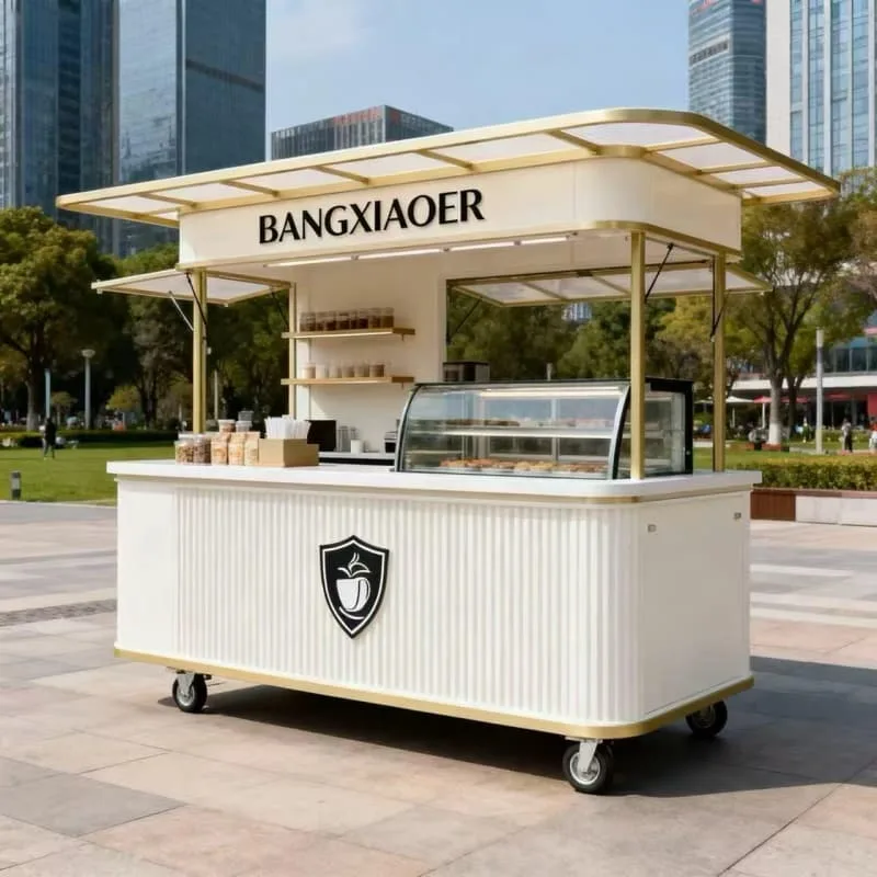 Light Luxury Mobile Bakery Cart with Golden Frame & Pastry Display Cabinet — view 3