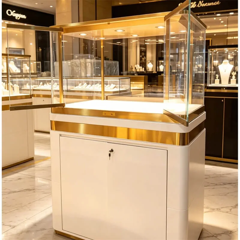 Light Luxury White Gold MDF Baking Paint Jewelry Display Cabinet – Custom Glass Jewelry Showcase With Spotlights For Mall Retail Stores — view 2