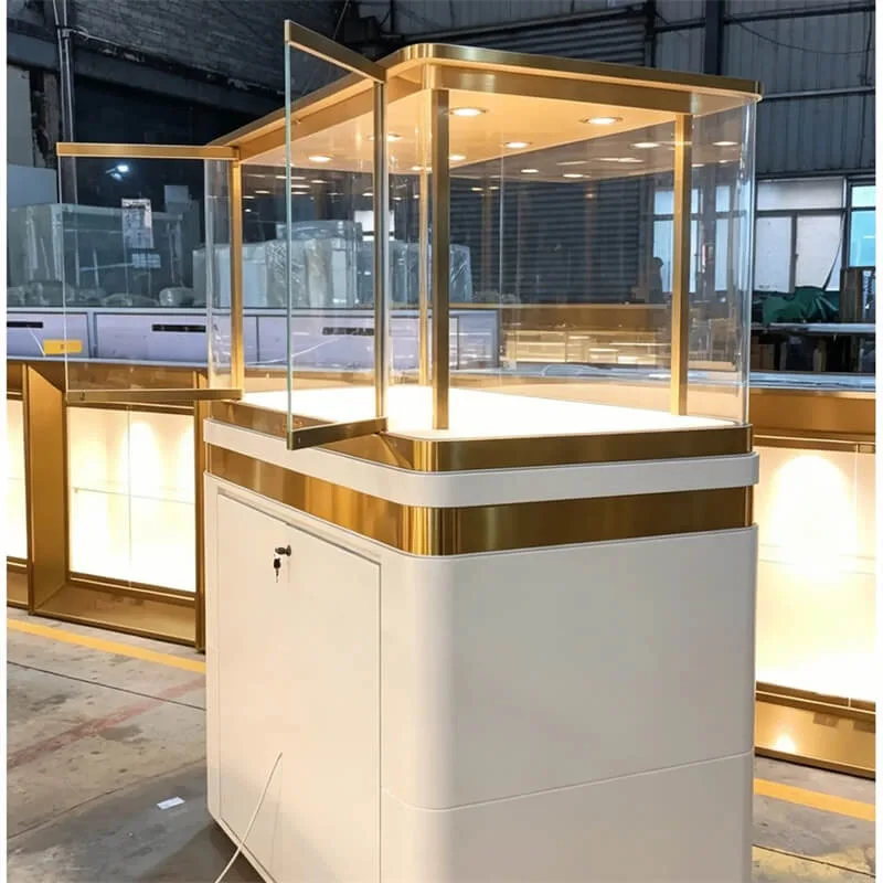 Light Luxury White Gold MDF Baking Paint Jewelry Display Cabinet – Custom Glass Jewelry Showcase With Spotlights For Mall Retail Stores