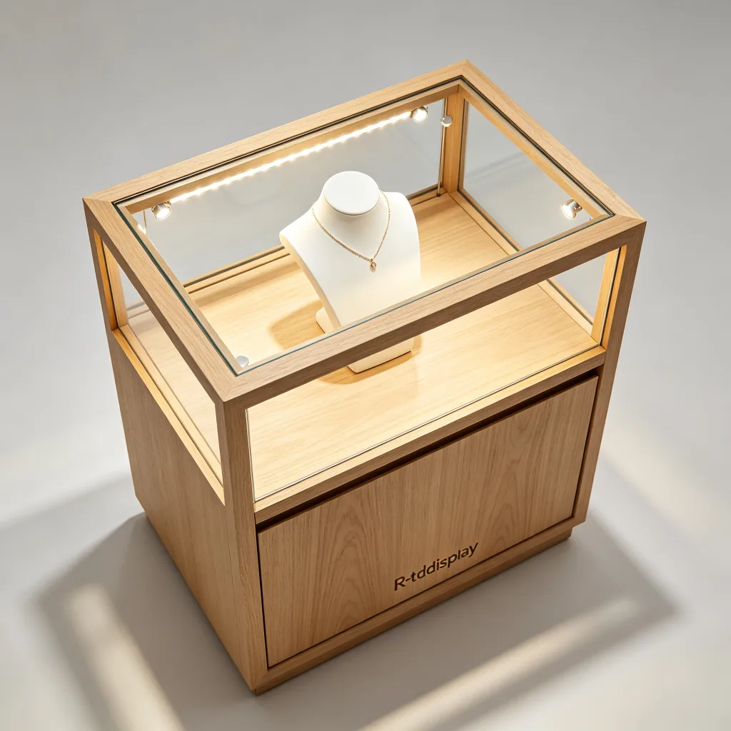 Light Oak Wood Jewelry Display Cabinet Glass Top LED Lockable Base — view 4