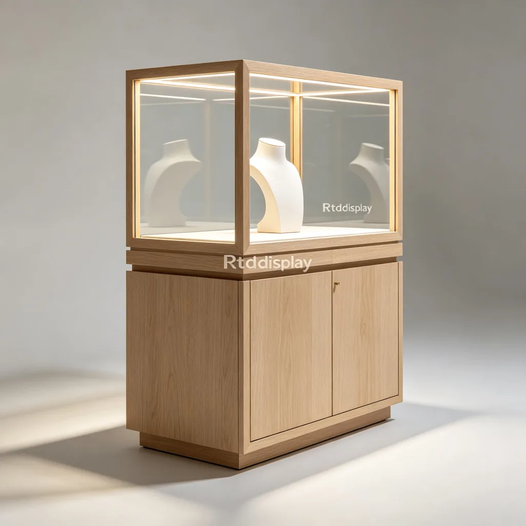 Light Oak Wood Jewelry Display Cabinet Glass Top LED Lockable Base — view 3