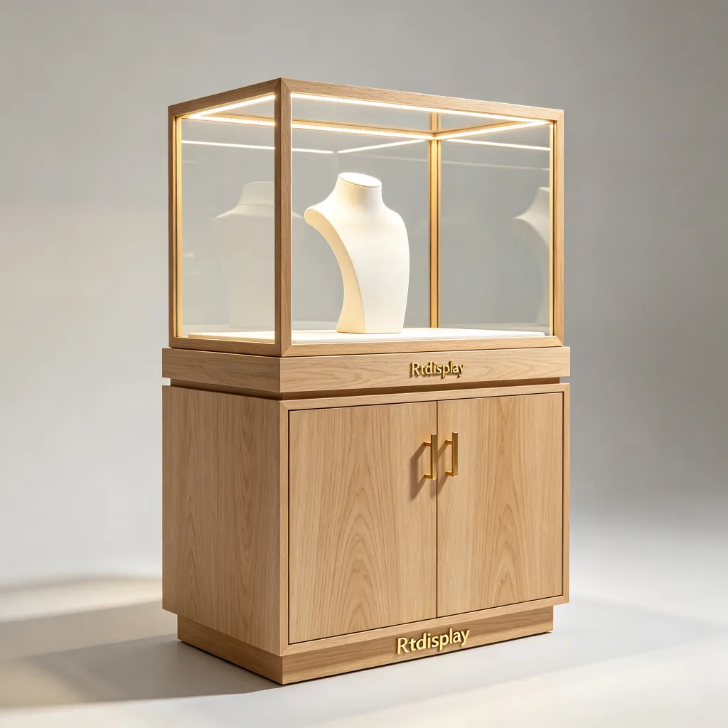 Light Oak Wood Jewelry Display Cabinet Glass Top LED Lockable Base — view 2