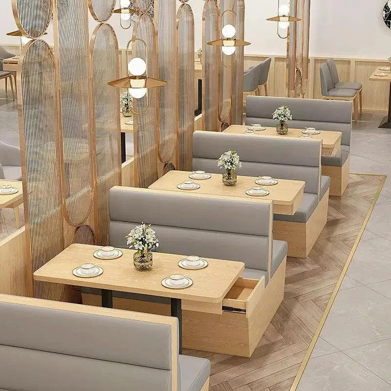Light Wood Gray Cushioned Booth Tables For Cafe Bistro Fast Food Shop Use — view 4