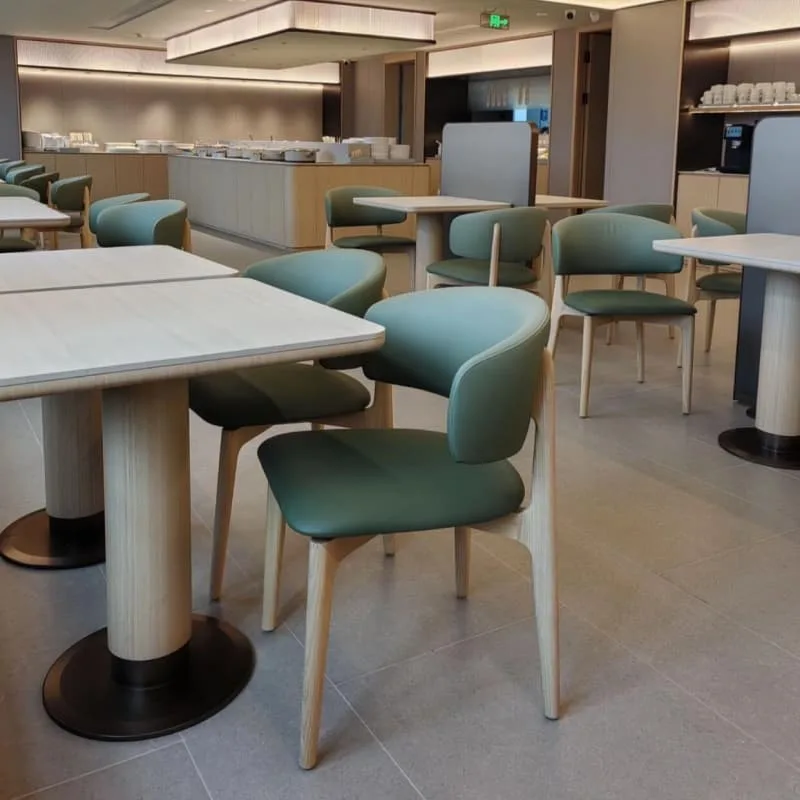 Light Wood Green Leather Fast Food Cafe Dining Furniture Set — view 4