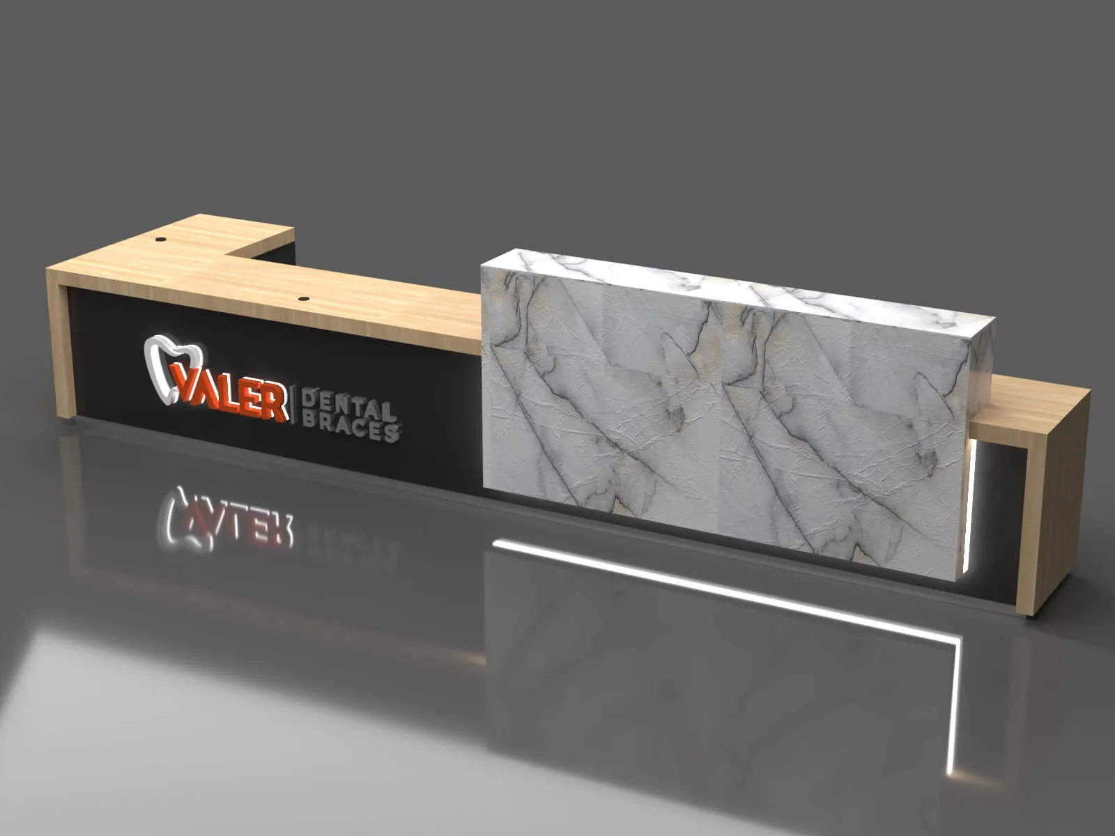 Light Wood Modern L-Shaped Reception Desk with Marble Accent and LED Lighting – Customizable for Any Business Space — view 5