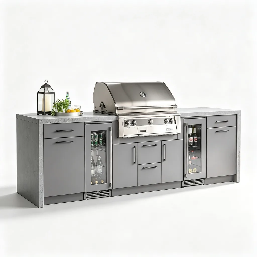 Linear Aluminum Gray Outdoor Kitchen with Beverage Refrigerators and 4-Burner Grill — view 4