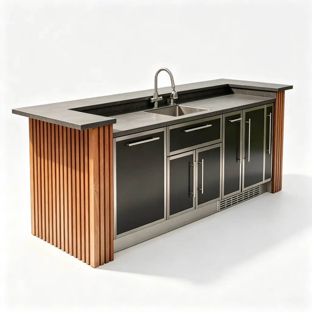 Linear Dark Metal Outdoor Kitchen with Wood Slat Bar and Sink — view 4