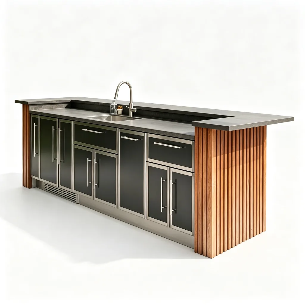 Linear Dark Metal Outdoor Kitchen with Wood Slat Bar and Sink — view 3