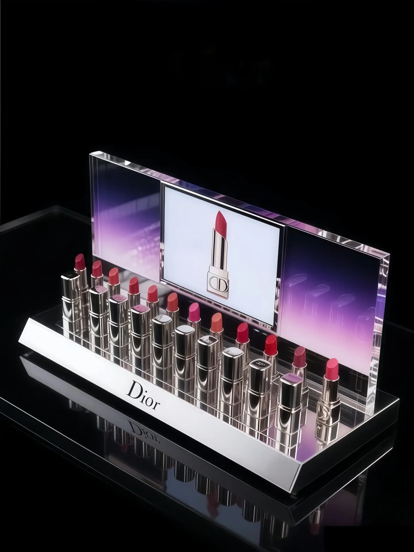 Luxury Acrylic Lipstick Display Stand with Metal Base and Backlit Backboard