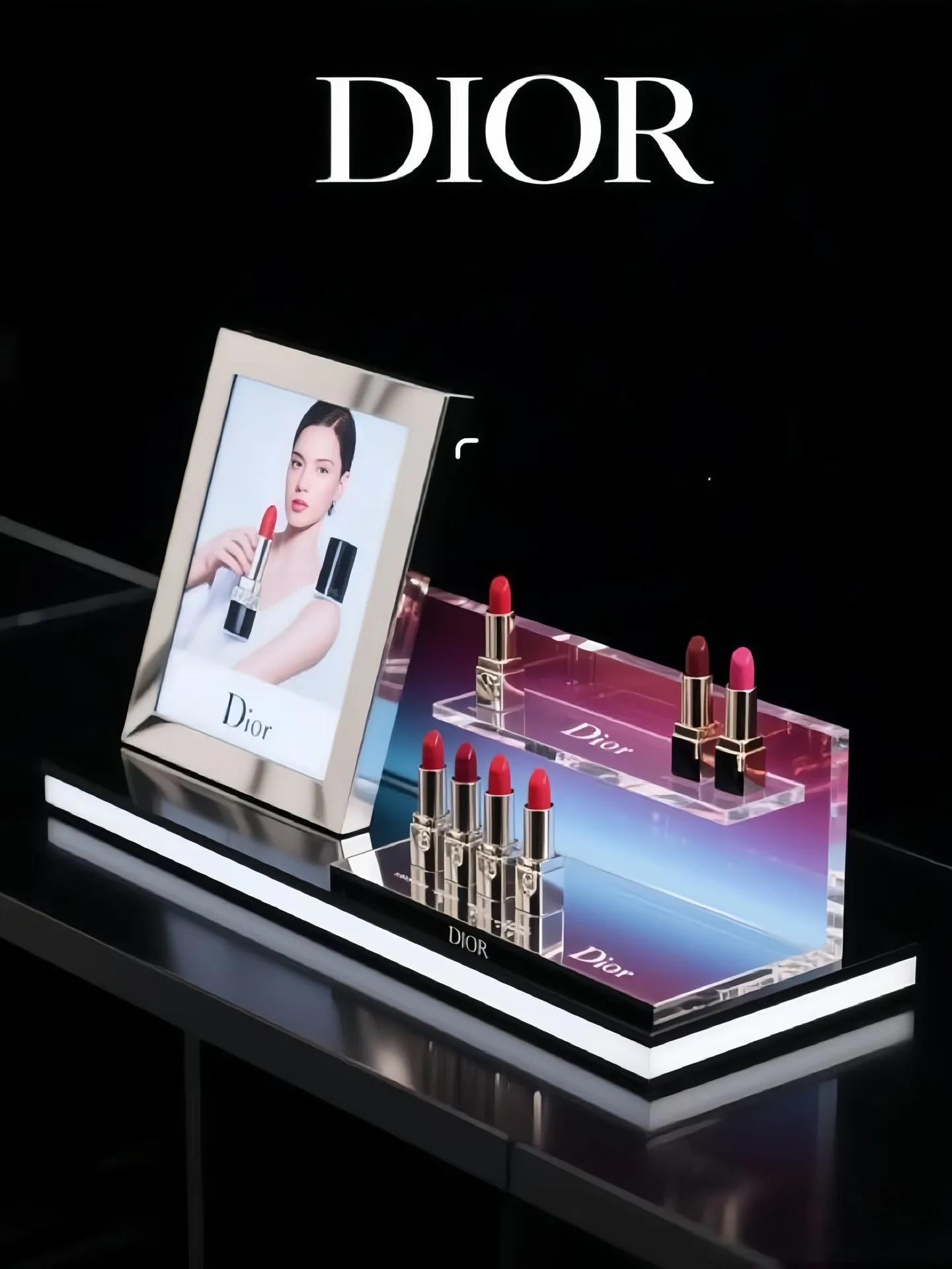 Luxury Acrylic Lipstick Display Stand with Metal Base and Backlit Backboard — view 3