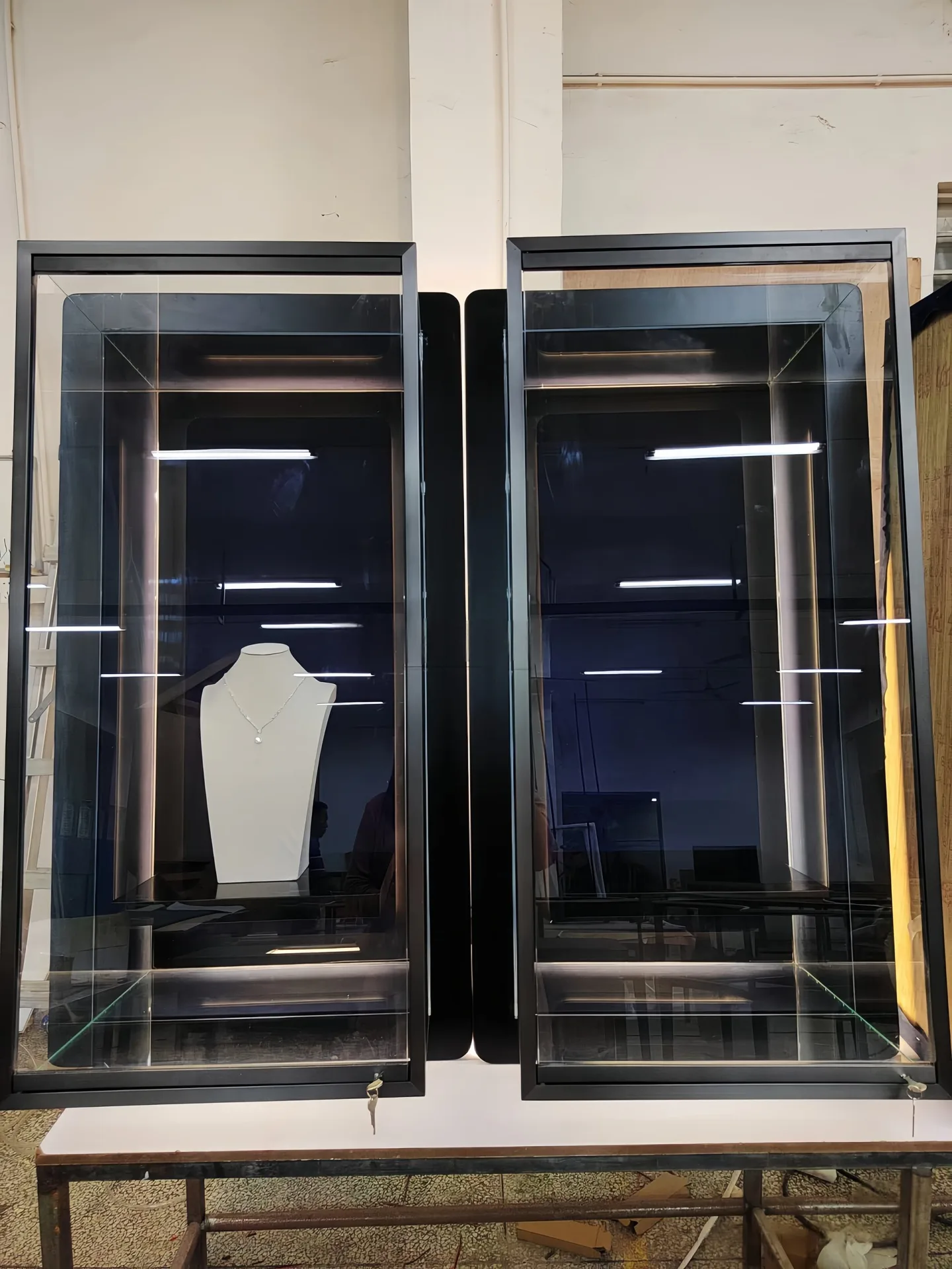 Luxury Black Framed Glass Jewelry Display Cabinet with Built-in LED Lighting & Shelves — view 3