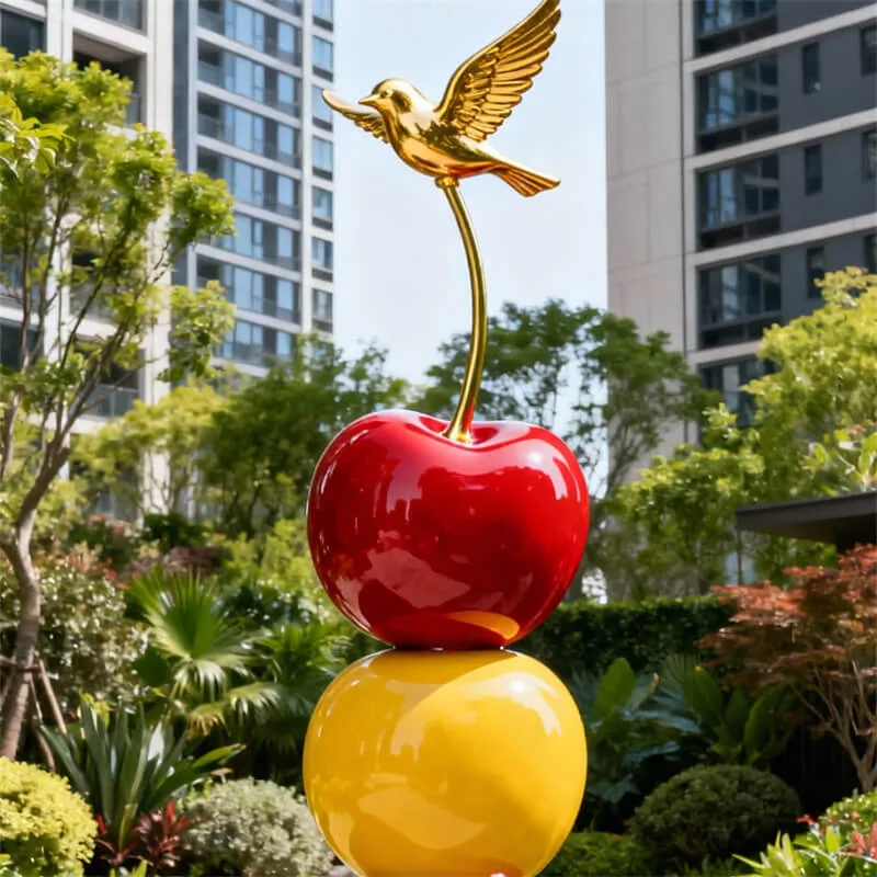 Luxury Colorful Cherry FRP Sculpture | Outdoor Photo Spot with Golden Bird | Viral Traffic Booster for Malls / Residential Plazas — view 4