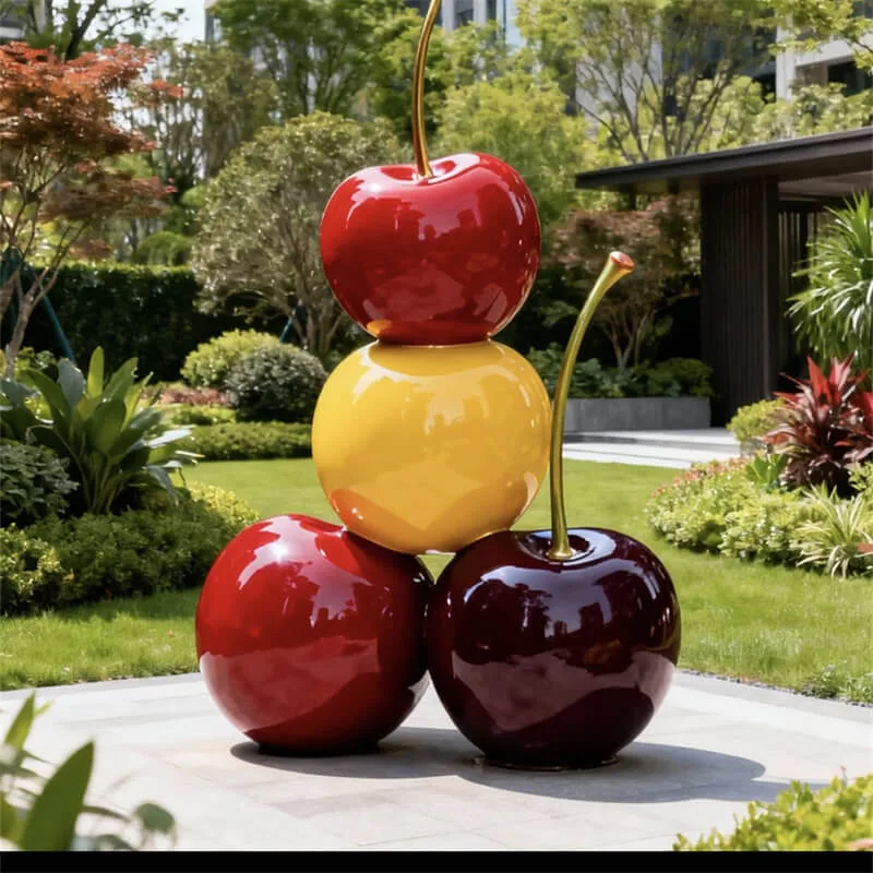 Luxury Colorful Cherry FRP Sculpture | Outdoor Photo Spot with Golden Bird | Viral Traffic Booster for Malls / Residential Plazas — view 3