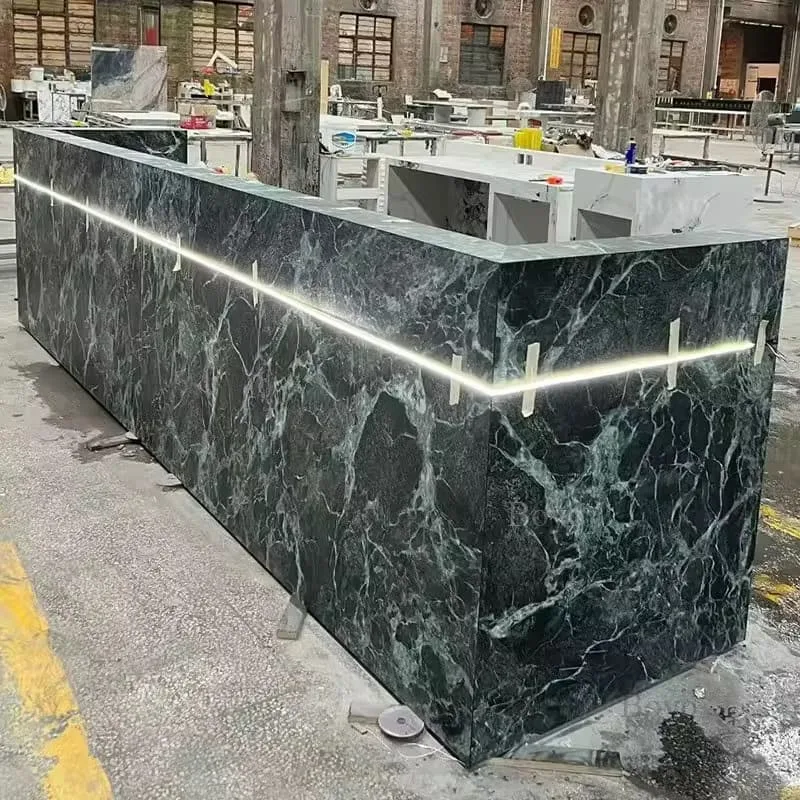 Luxury Dark Green Marble U-shaped Reception Desk With Elegant Built-in Lighting Decor — view 3