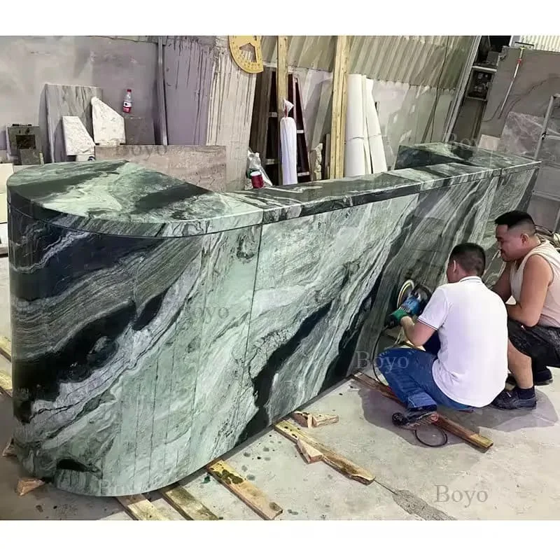 Luxury Dark Green Marble U-shaped Reception Desk With Elegant Built-in Lighting Decor — view 5