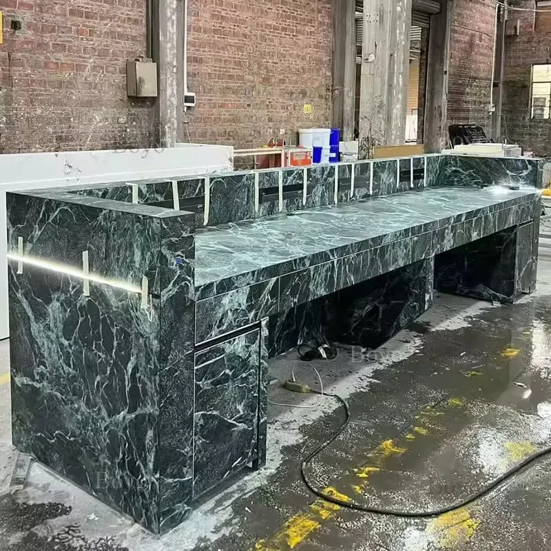 Luxury Dark Green Marble U-shaped Reception Desk With Elegant Built-in Lighting Decor — view 4