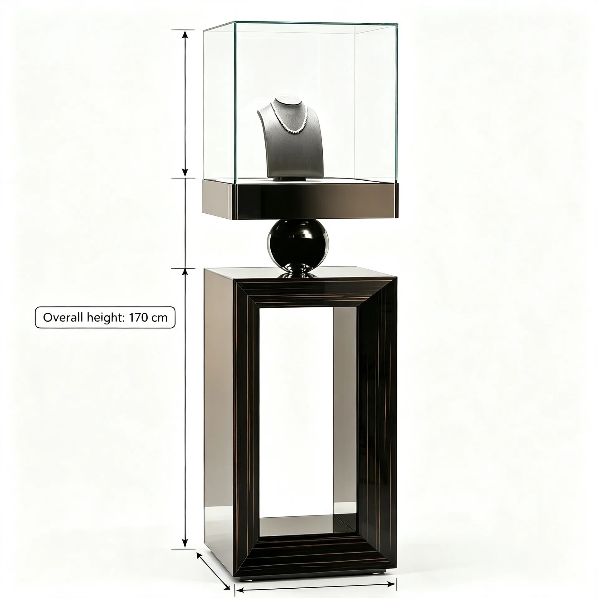 Luxury Freestanding Glass Jewelry Display Showcase with Hollow Wood Pedestal for High-End Jewelry Boutique & Gallery Exhibition — product detail 1