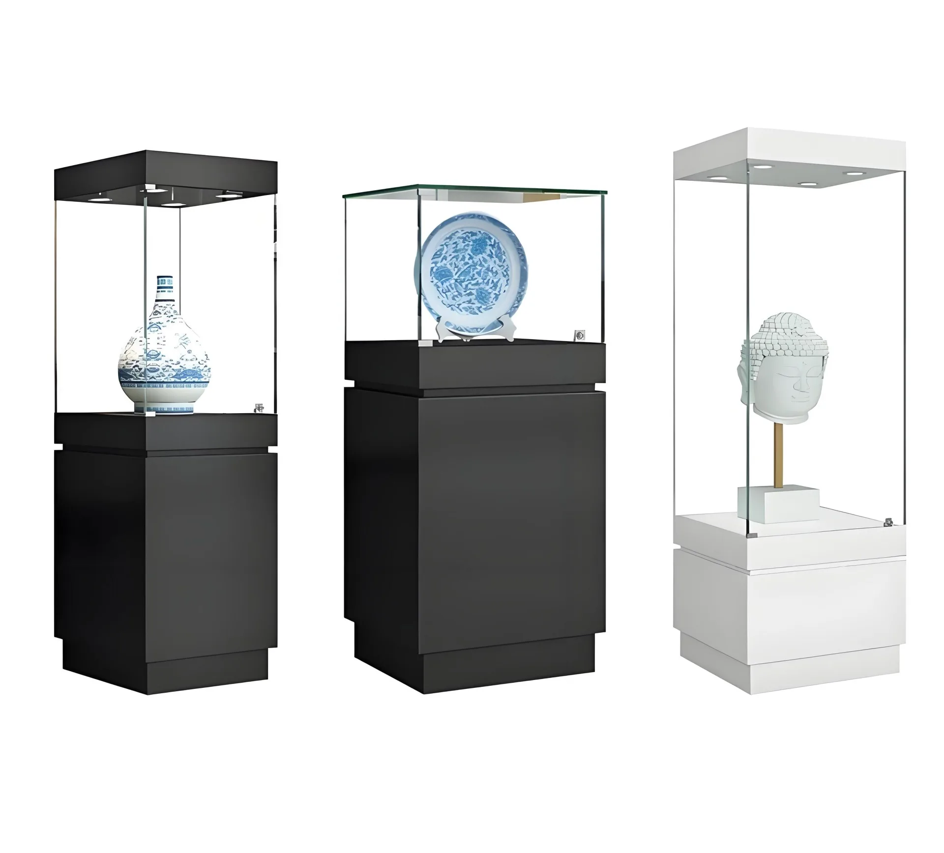 Luxury Glass Display Case, Black Pedestal Cabinet with LED Lighting for Art, Sculpture and High-End Merchandise