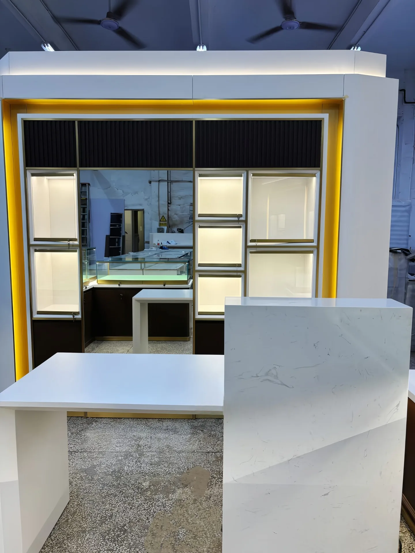 Luxury Gold-Trimmed Wood Jewelry Display Case with Glass Top, LED Lighting & Storage Cabinet — view 6