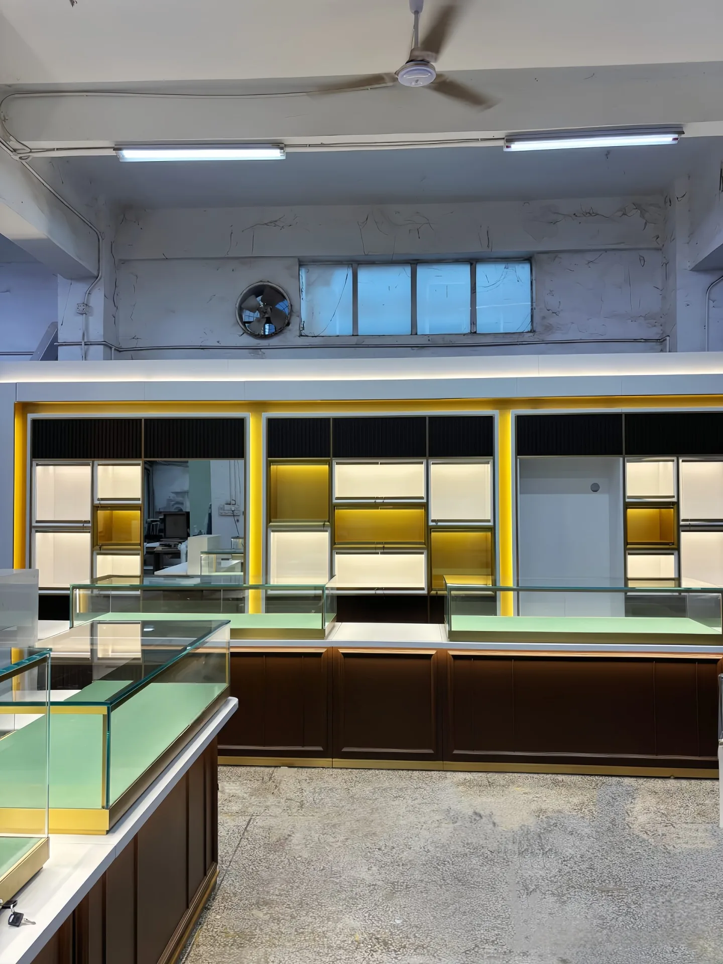 Luxury Gold-Trimmed Wood Jewelry Display Case with Glass Top, LED Lighting & Storage Cabinet — view 5