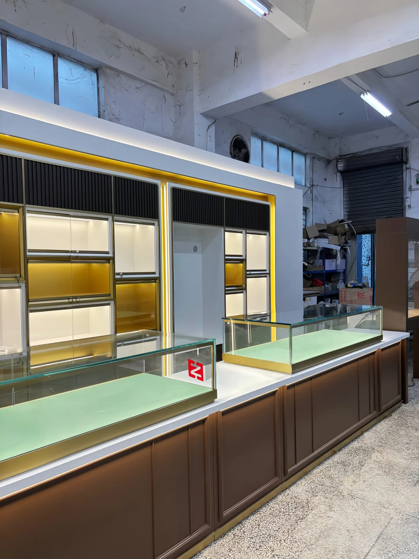 Luxury Gold-Trimmed Wood Jewelry Display Case with Glass Top, LED Lighting & Storage Cabinet — view 3