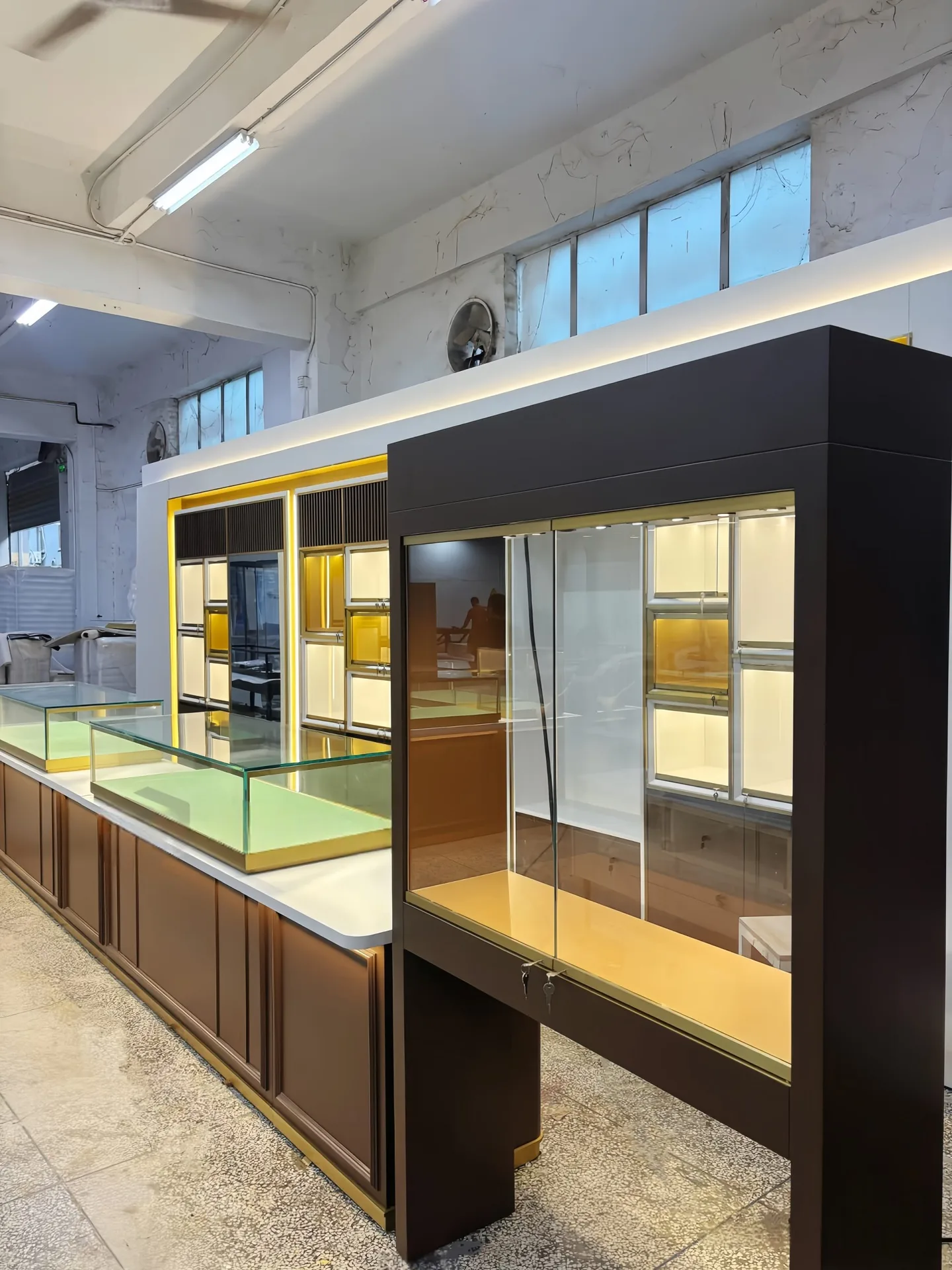 Luxury Gold-Trimmed Wood Jewelry Display Case with Glass Top, LED Lighting & Storage Cabinet — view 4